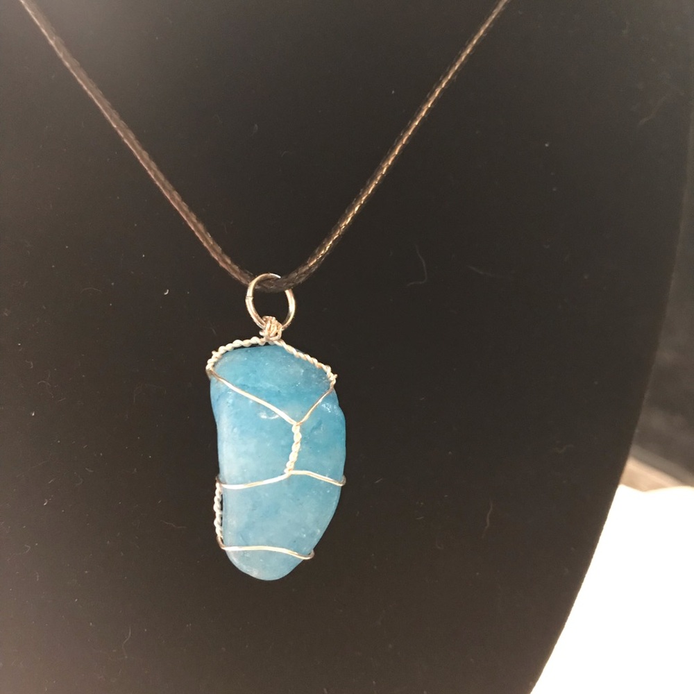 Wire cage wrapped Aqua stone necklace